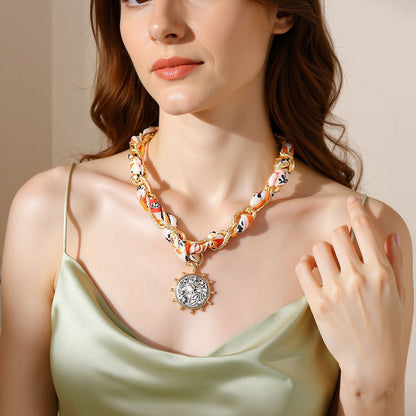 Trendy Personalized Silk Ribbon Chain Interwoven Sweet and Cool Alloy Badge Pendant Necklace - Affordable Luxury for Unique Style Lovers