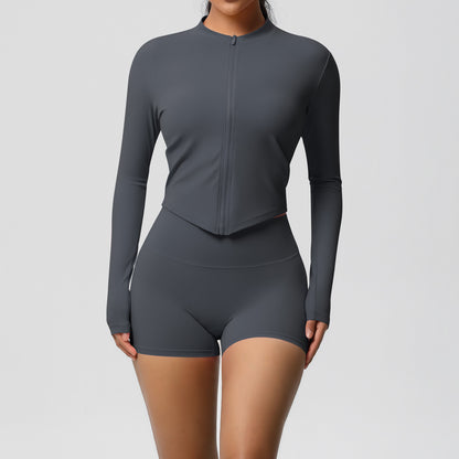 Breathable Zip Up Long Sleeve Yoga Set with Soft Brushed Fabric Slim Fit Shorts for Performance in Running and Training