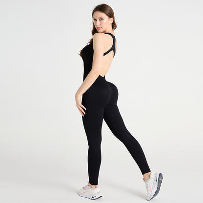 Seamless Long Pants Yoga Jumpsuit with Built in Chest Pads High Elasticity Peach Butt Design for Comfort and Style