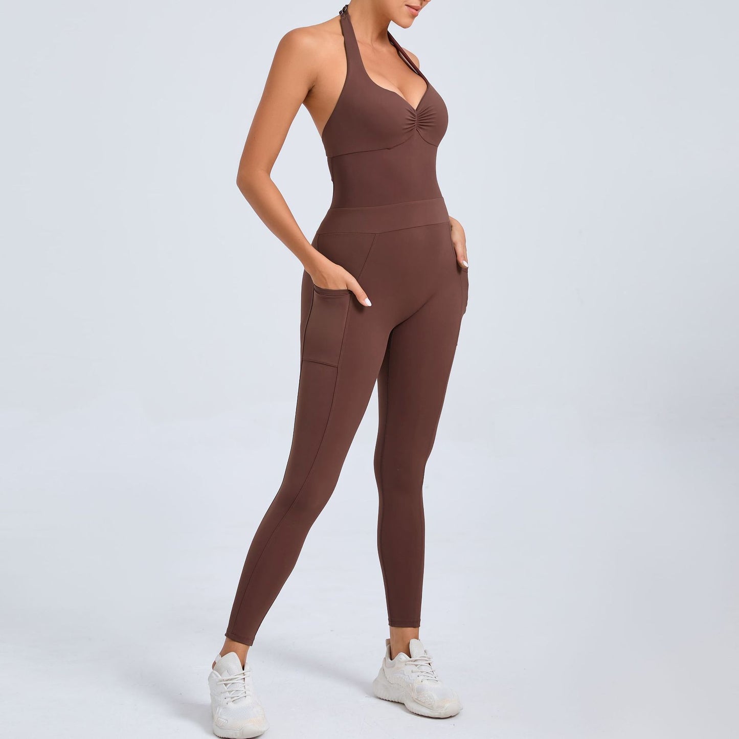 Backless Yoga Jumpsuit for Women Adjustable Neck Design with Side Pockets for Dance and Fitness