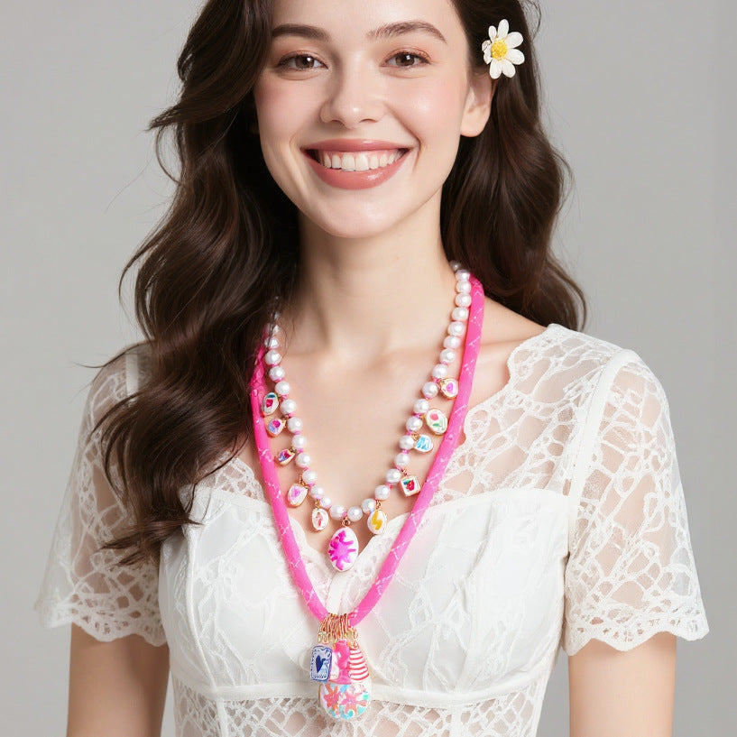 2-Piece Set of Elegant Faux Pearl Beaded Layered Pendant Necklaces - Trendy Multicolor Mixed Metal Jewelry for Women