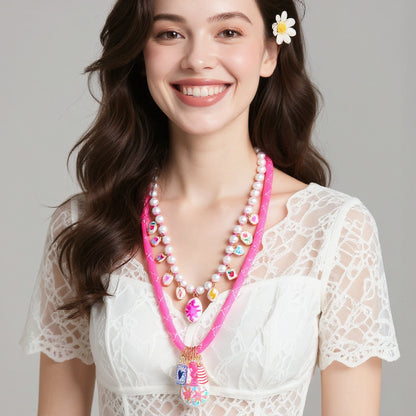 2-Piece Set of Elegant Faux Pearl Beaded Layered Pendant Necklaces - Trendy Multicolor Mixed Metal Jewelry for Women