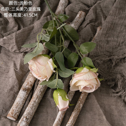 Realistic Three-Headed Miniature Rose Artificial Flower Arrangement for Home Décor and Wedding Celebrations - Perfect for Lasting Beauty (Model MW66009)