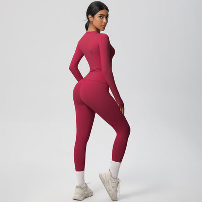 Women's High Waisted Peach Butt Yoga Set Softly Brushed Long Sleeve Top Sculpting Leggings for Intense Workouts