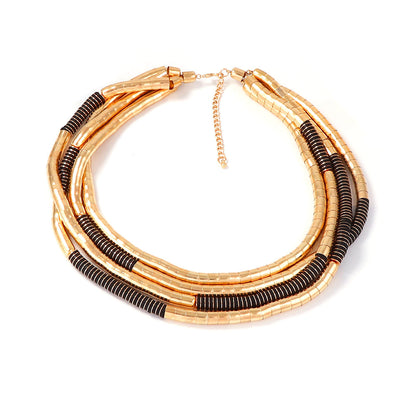Chic Casual Punk-Inspired Multi-Layered Metal and Wood Beaded Necklace for Women - Elegant, High-End Fashion Statement