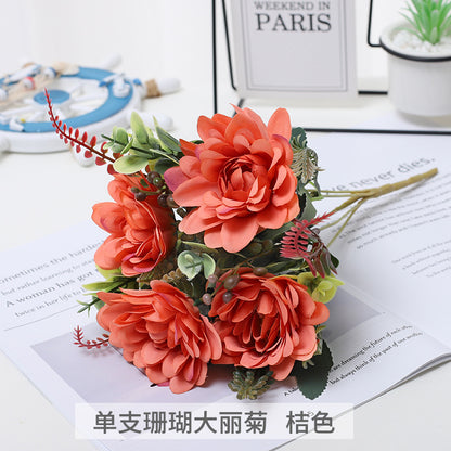 Realistic Coral Dalia Flower Arrangement for Living Room Decor - Perfect for Weddings, Celebrations, and Photography Props