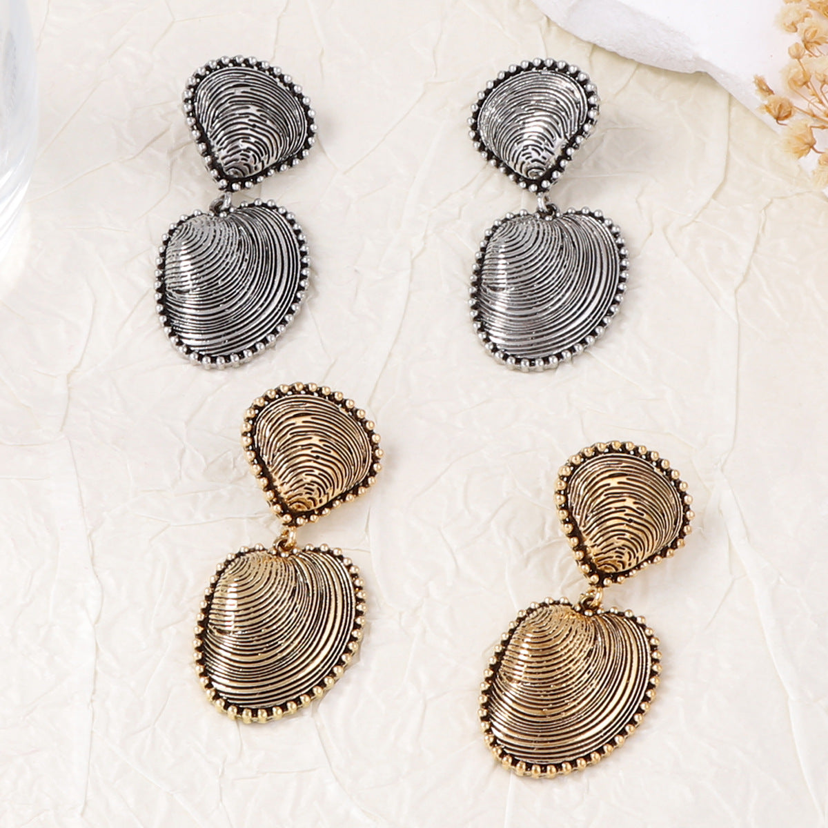 Luxurious Shell-Inspired Statement Earrings for Women - Vintage-Style Alloy Design with Unique Textures Perfect for Upscale Vacations