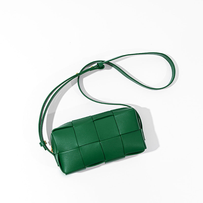 Chic Korean Style Versatile Genuine Leather Women's Woven Checkered Crossbody Bag Quality Small Square Shoulder Bag with Sophisticated Feel