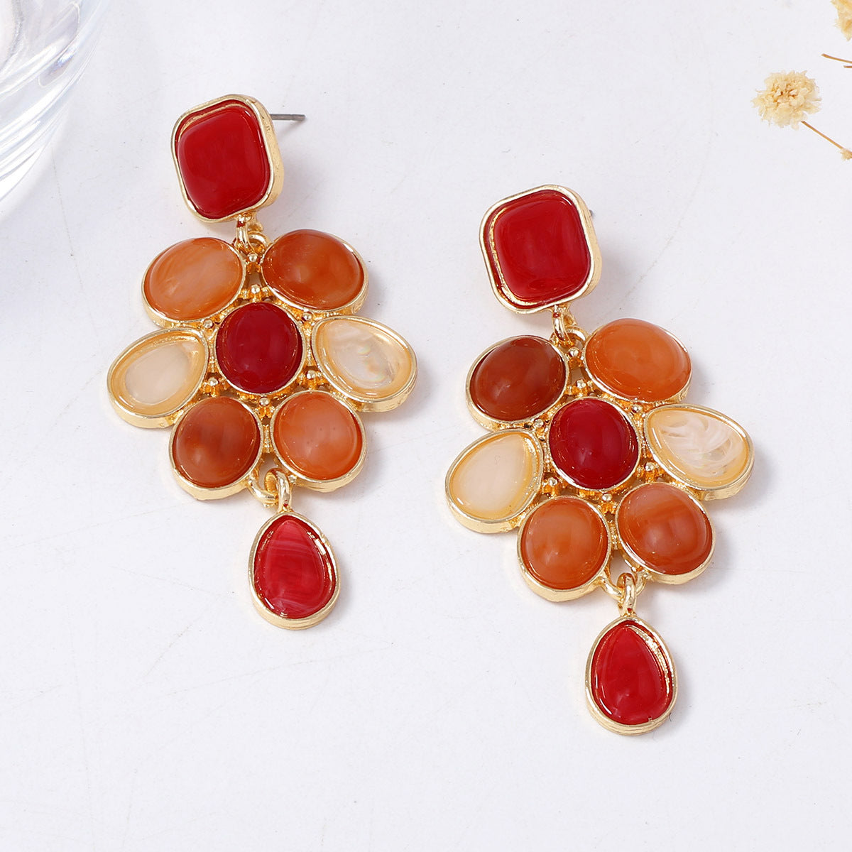 Vintage Melange Geometric Resin Gemstone Drop Earrings - Chic and Luxurious Statement Jewelry for Women