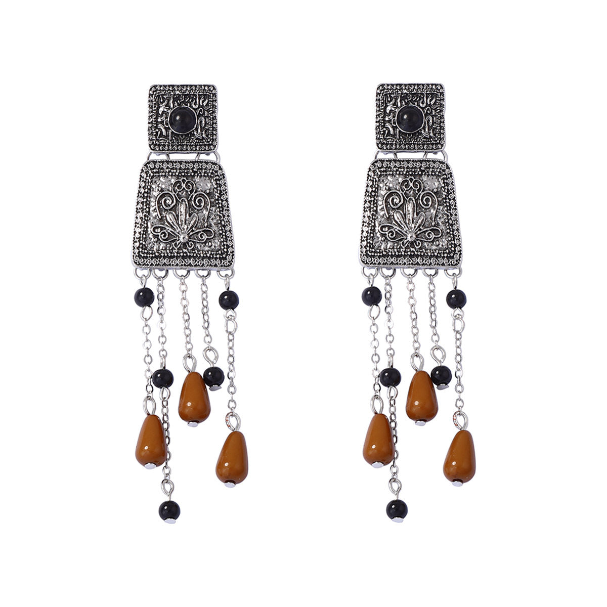 Elegant Retro Bohemian-Style Long Tassel Pendant Earrings with Geometric Floral Alloy Elements – Perfect for Any Occasion