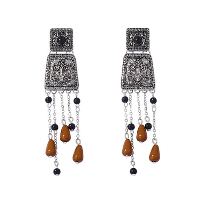 Elegant Retro Bohemian-Style Long Tassel Pendant Earrings with Geometric Floral Alloy Elements – Perfect for Any Occasion