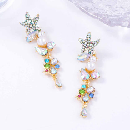 Exaggerated Starfish Long Earrings with Alloy Links, Colorful Gemstones, and Elegant Pearl Accents – Perfect for Adding a Touch of Glamour