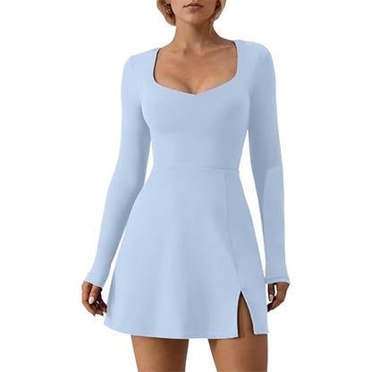 Women's Long Sleeve Mini Bodycon Dress with Heart Shaped Neckline Side Slit and Built In Shorts for Yoga and Activewear