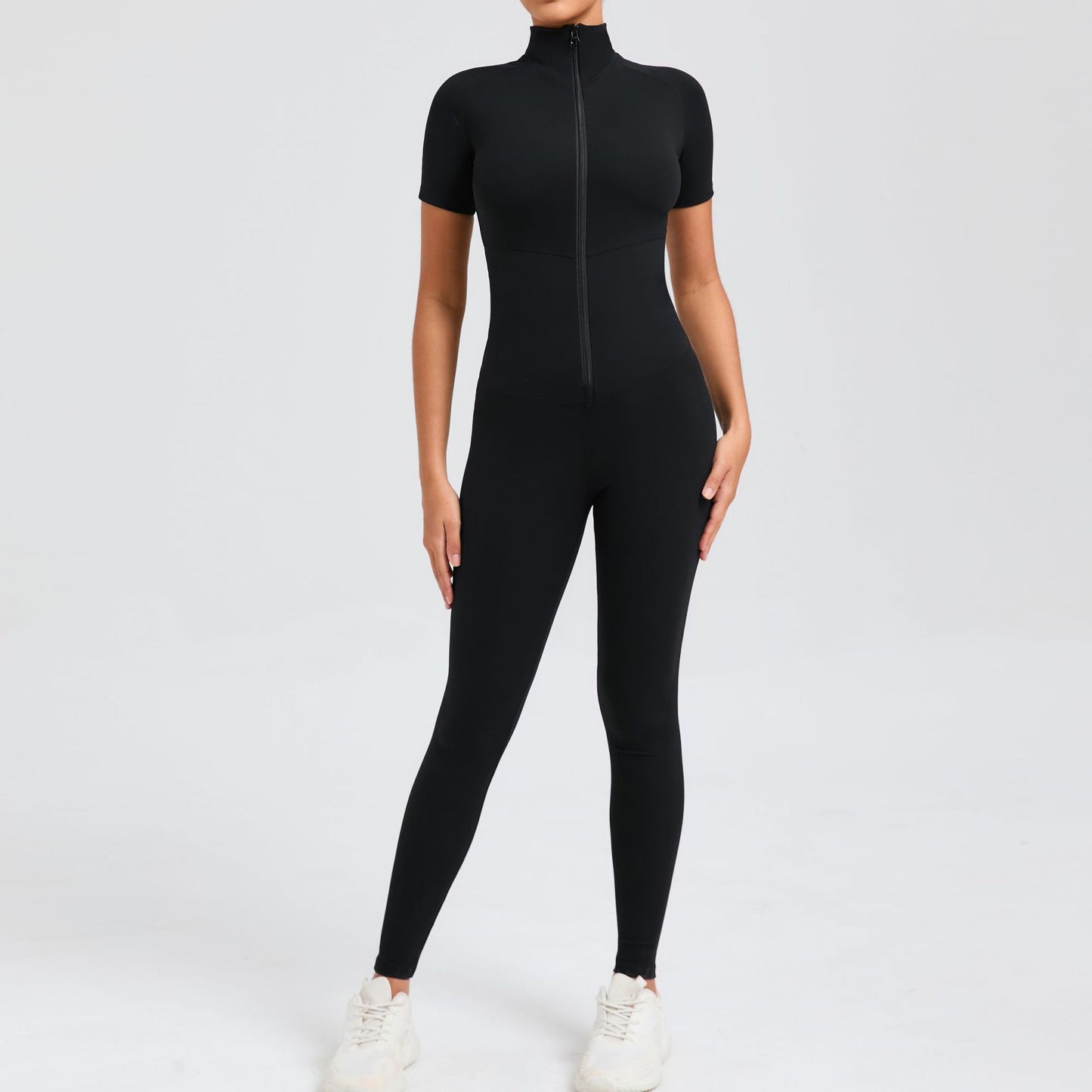 High Compression Zippered Short Sleeve Yoga Jumpsuit for Women Sculpting Bodysuit for Outdoor Fitness Active Wear Model 50320