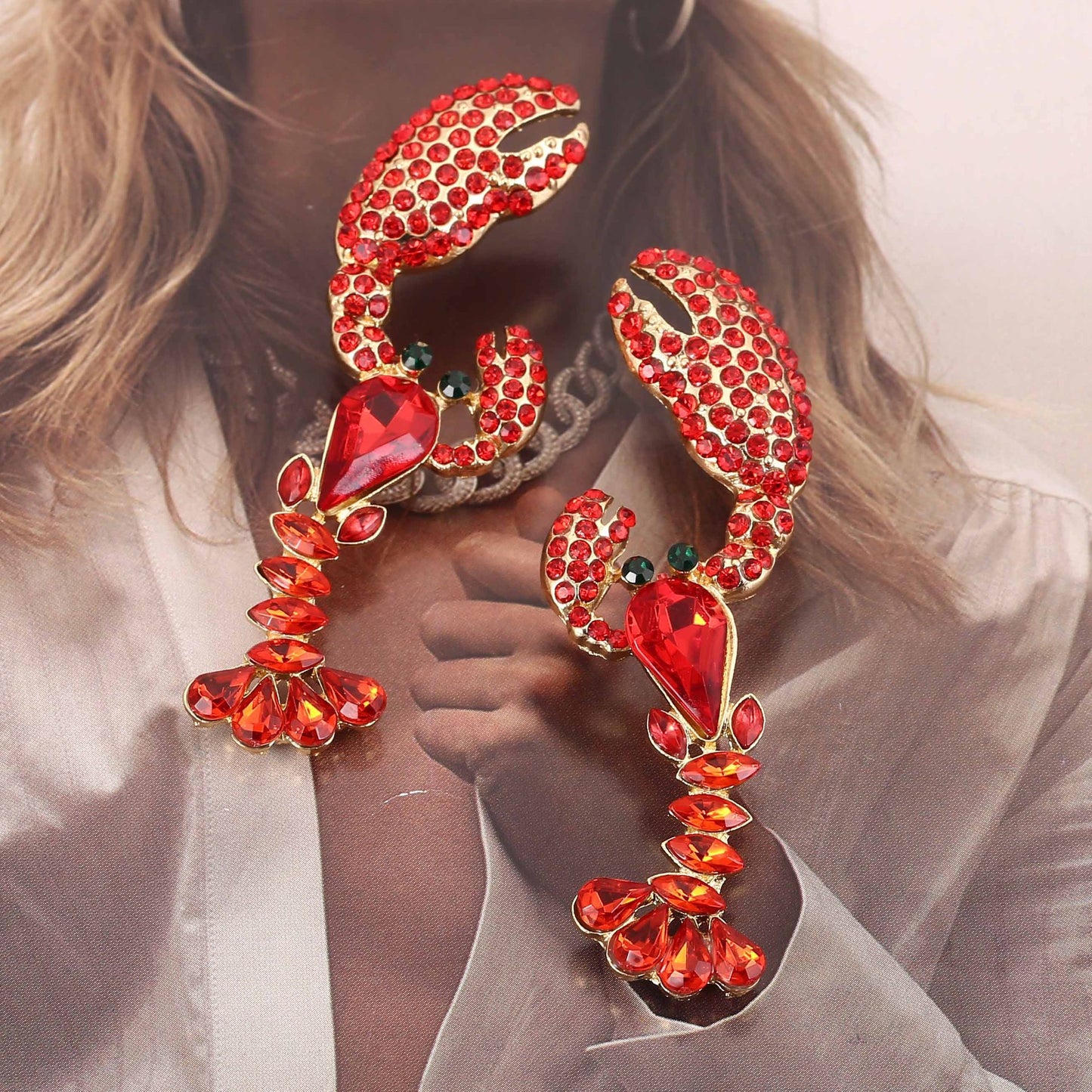 Unique Rhinestone-Inlaid Lobster Earrings - Trendy, Eye-Catching Animal Jewelry for Fashion-Forward Women