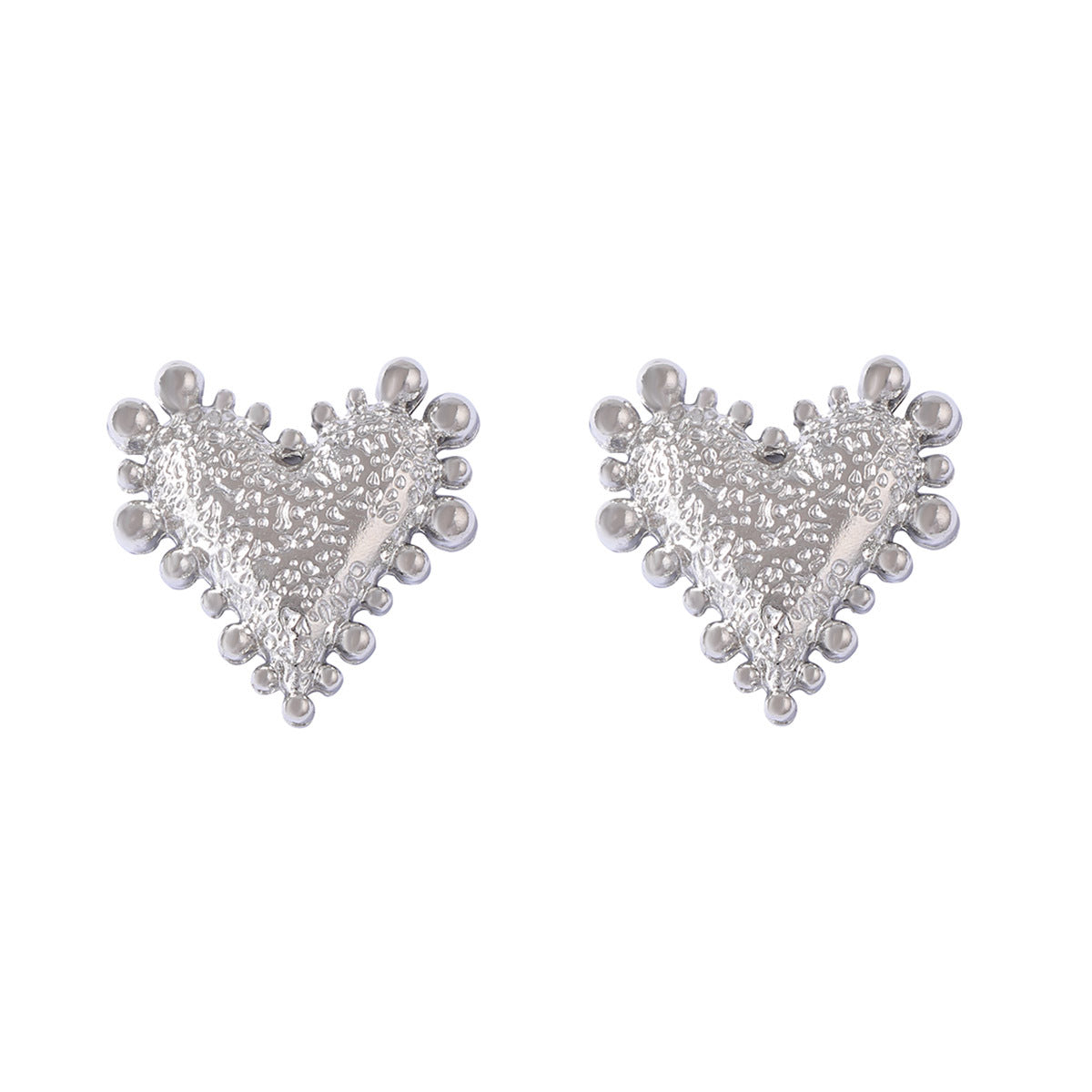Chic Minimalist Alloy Hammered Heart-Shaped Stud Earrings with Round Bead Accents – Timeless Everyday Jewelry for Any Occasion