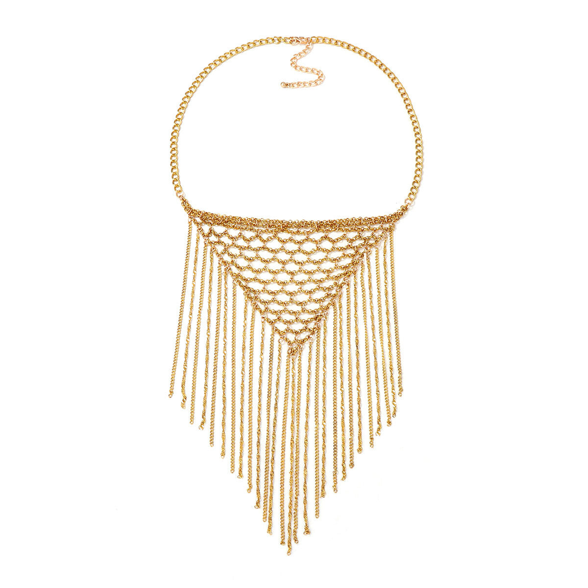 Chic Minimalist Statement Necklace with Metallic Exaggerated Triangle Multi-Strand Chain and Elegant Tassel Details