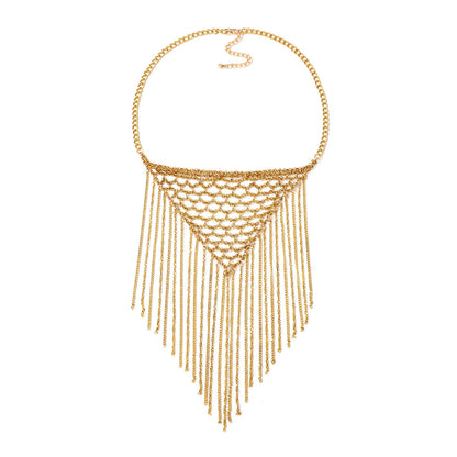 Chic Minimalist Statement Necklace with Metallic Exaggerated Triangle Multi-Strand Chain and Elegant Tassel Details