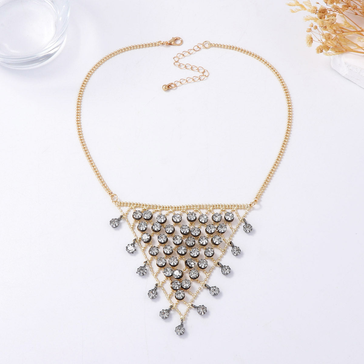 Chic Bohemian Delicate Luxury Triangle Tassel Mesh Zirconia Stone Pendant Necklace - Perfect for Sweaters and Everyday Wear