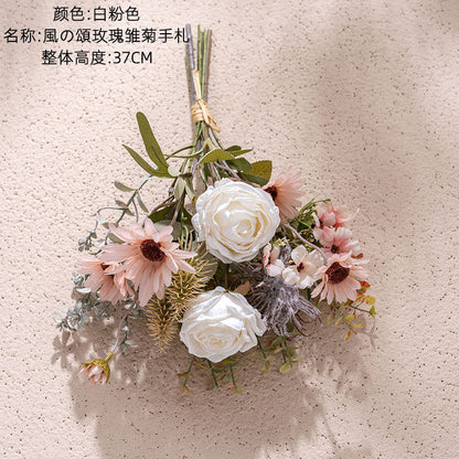 Elegant Wind's Song Rose and Daisy Handheld Bouquet - Stunning Artificial Flowers for Wedding Celebrations and Wall Decor - CF02029