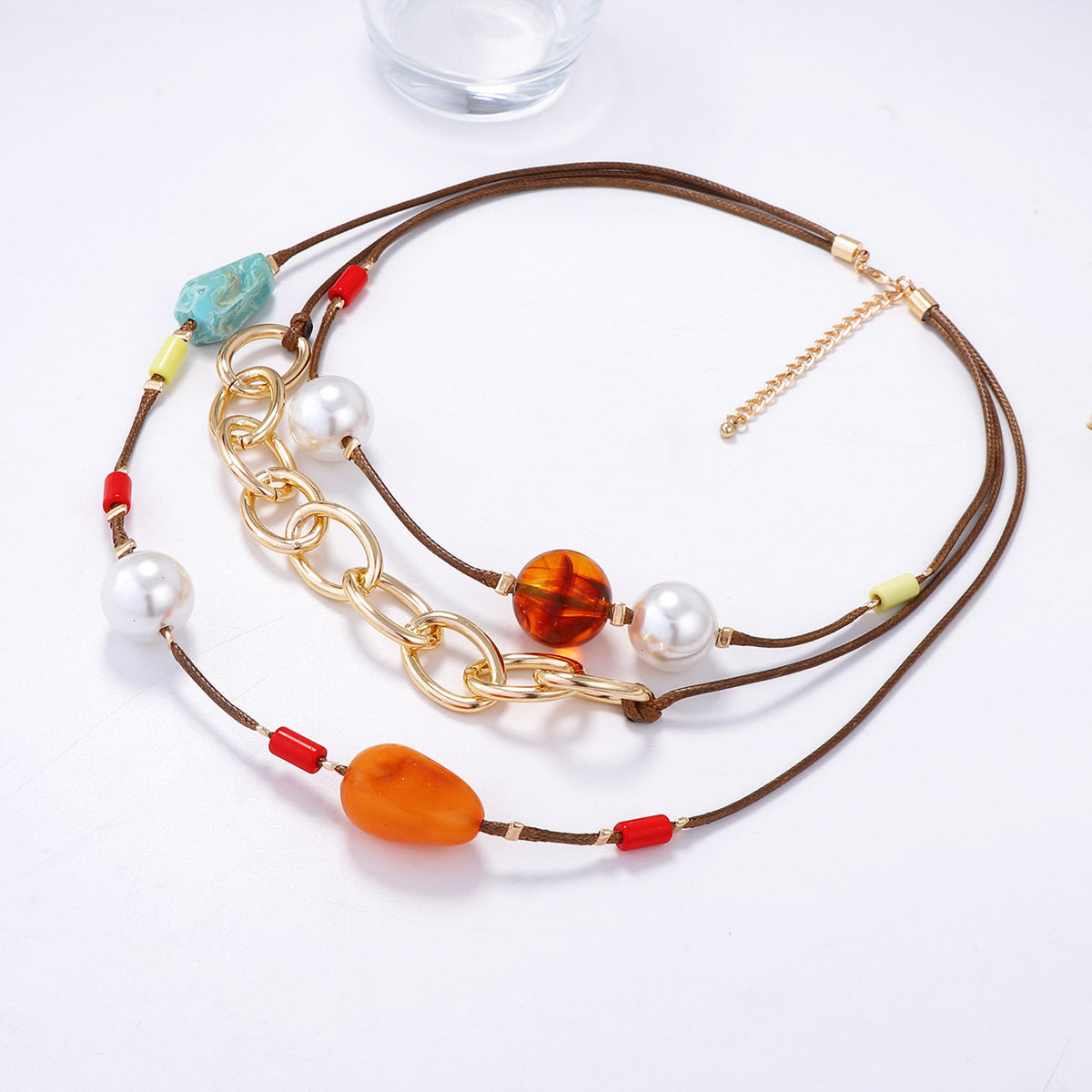 Stylish Layered Geometric Pearl and Resin Necklace with CCB and Leather String for Women - Perfect for Everyday Wear and Special Occasions