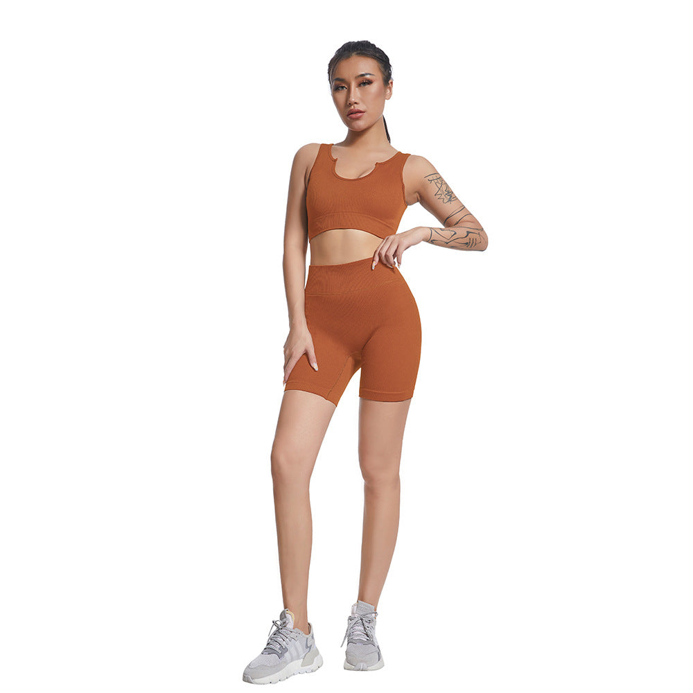 Seamless V Neck Ribbed Yoga Outfit Set for Women Striped Sports Bra and High Waisted Compression Shorts for Comfort and Flexibility