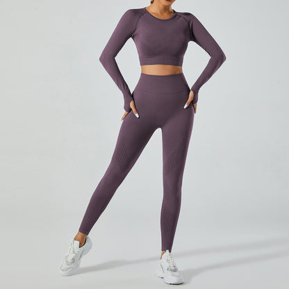 Seamless Jacquard High Waisted Butt Lifting Long Sleeve Yoga Set for Women for Running Gym and Everyday Active Wear