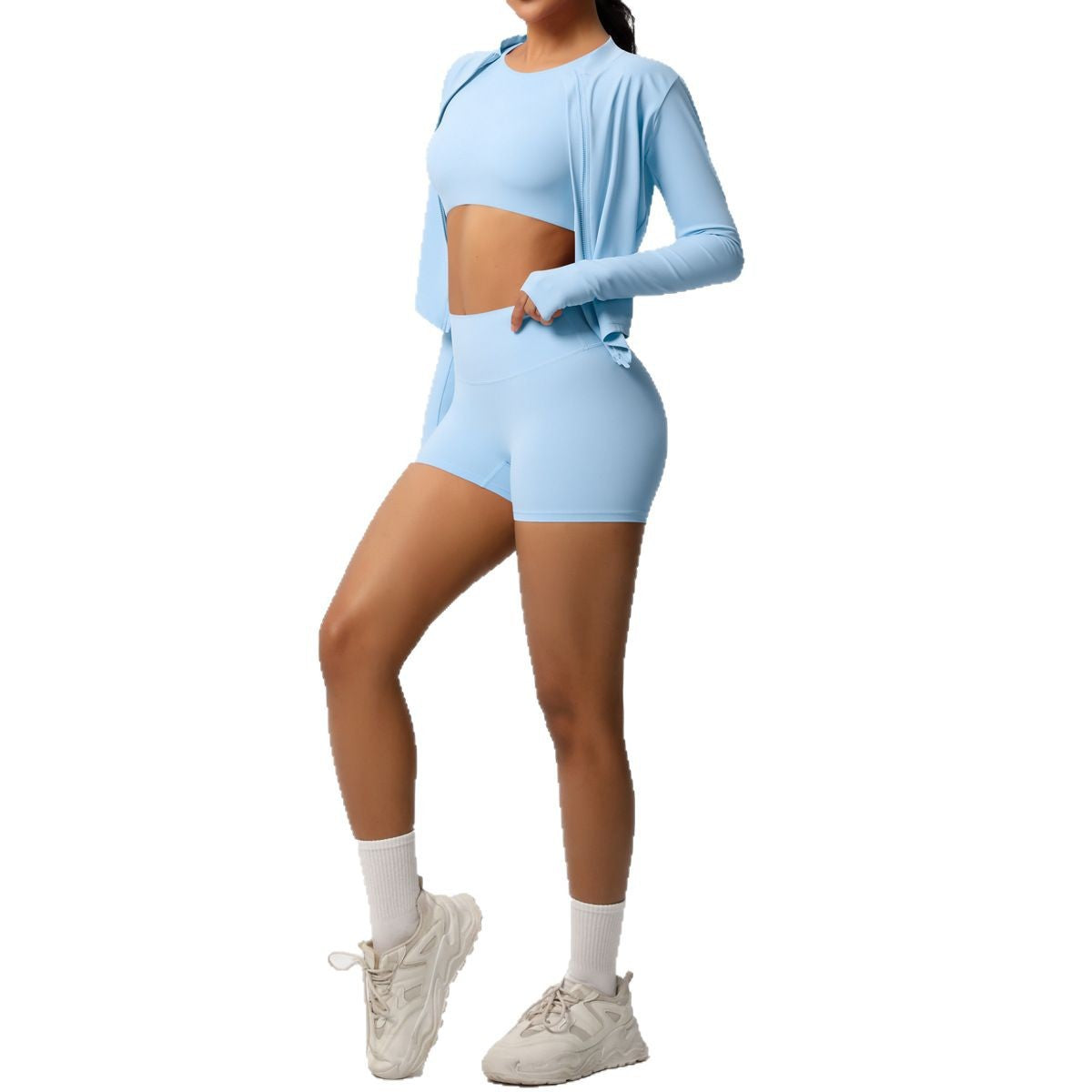 Versatile 3 Piece Set Short Sleeve Active Yoga Top Zip Up Jacket and Athletic Shorts for Performance