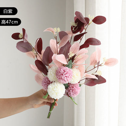 Realistic Nordic Home Decor Faux Flowers – Eucalyptus Leaf Ball Daisies Artificial Handheld Bouquet - Perfect for Weddings, Parties, and Everyday Decor