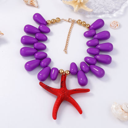 Vibrant Ocean-Inspired Holiday Necklace with Chunky Colorful Beads and Eye-Catching Starfish Pendant - Perfect for Women’s Summer Style