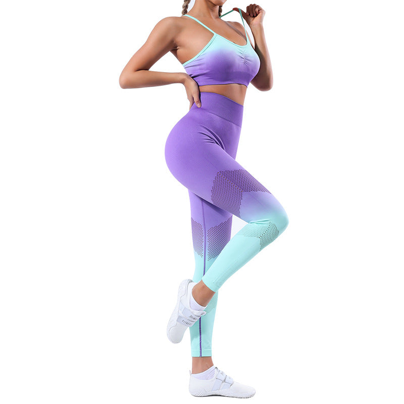 Seamless Gradient Yoga Set for Women Cami Sports Bra with High Waist Leggings for Comfort and Support