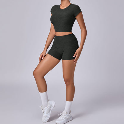 High Waisted Short Sleeve and Short Yoga Set for Women Stretchy Body Hugging Butt Lifting Fitness Outfit for Running and Gym Workouts