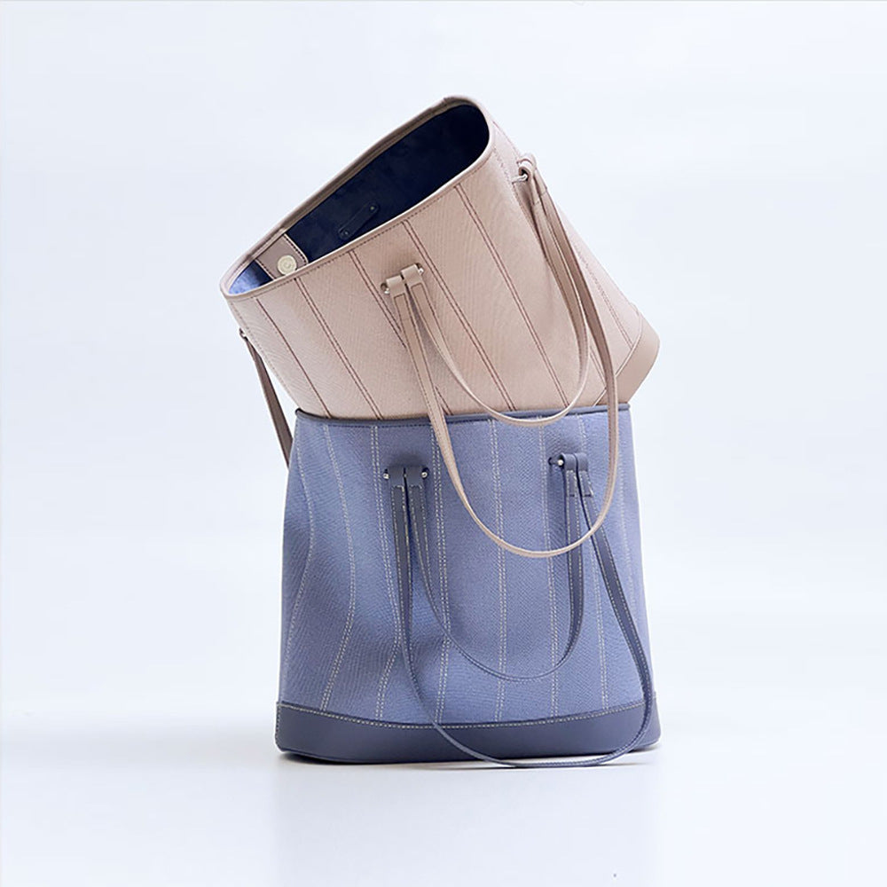 Vintage Striped Canvas and Leather Tote Bag Oversized Bucket Design Shoulder and Handheld Carry Option