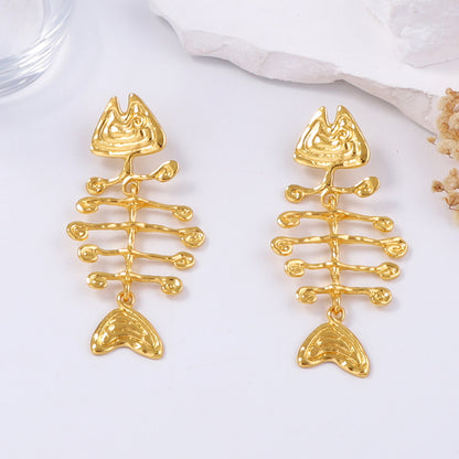 Chic Coastal Vibe Vintage Alloy Fishbone Dangle Earrings - Lightweight, Versatile, and Perfect for Everyday Wear