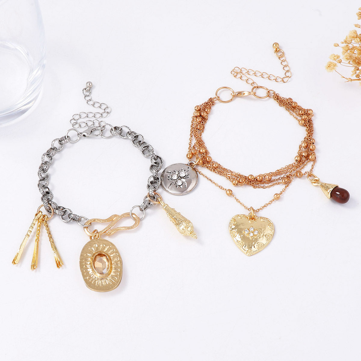 Chic Vintage-Inspired High-End Layered Chain Bracelet with Heart and Geometric Pendant - Perfect for Stacking and Everyday Elegance