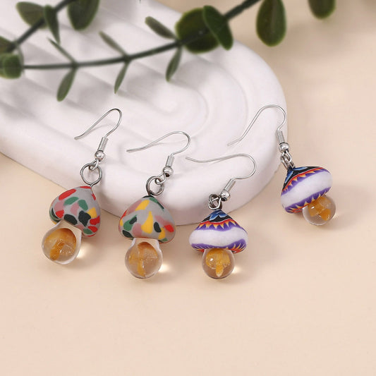 Charming  Vintage Style Handcrafted Soft Clay Colorful Mushroom Earrings - Unique and Adorable Dangle Ear Hooks for Every Occasion