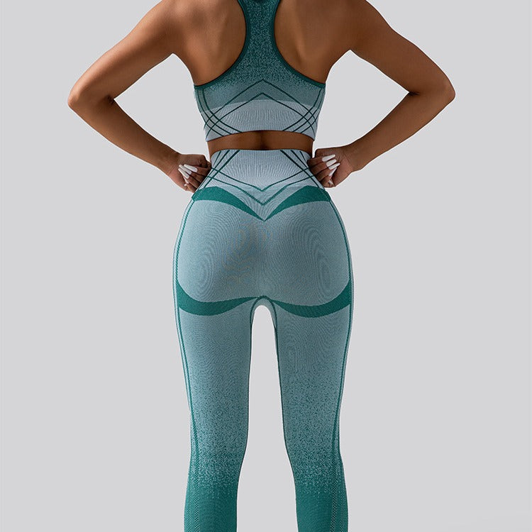 Gradient Yoga Outfit Set High Waisted Butt Lifting Leggings with Shockproof Sports Bra for Running and Fitness