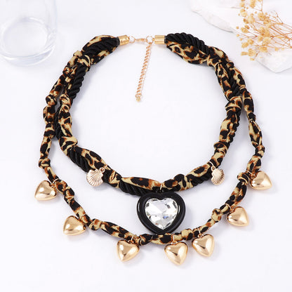 Vintage Wild Leopard Print Braided CCB Heart Pendant Necklace – Versatile, Trendy, and Perfect for Layering