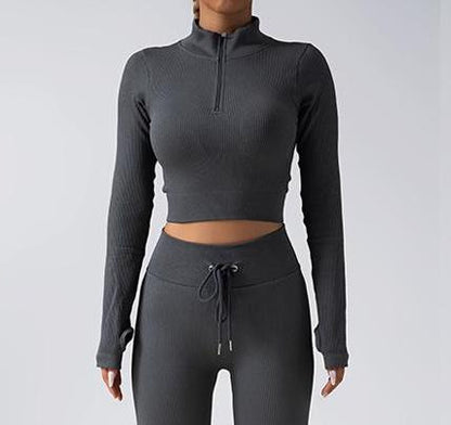 Chic Solid Color Zip Up Long Sleeve Fitness Set with Drawstring High Elastic Slim Fit Yoga Pants for Women for Fashionable Workouts and Daily Wear