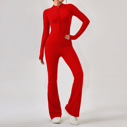 Zipper Long Sleeve Jumpsuit with Flared Pants Slim Fit Women's Butt Lifting Yoga and Workout Outfit for Enhanced Performance