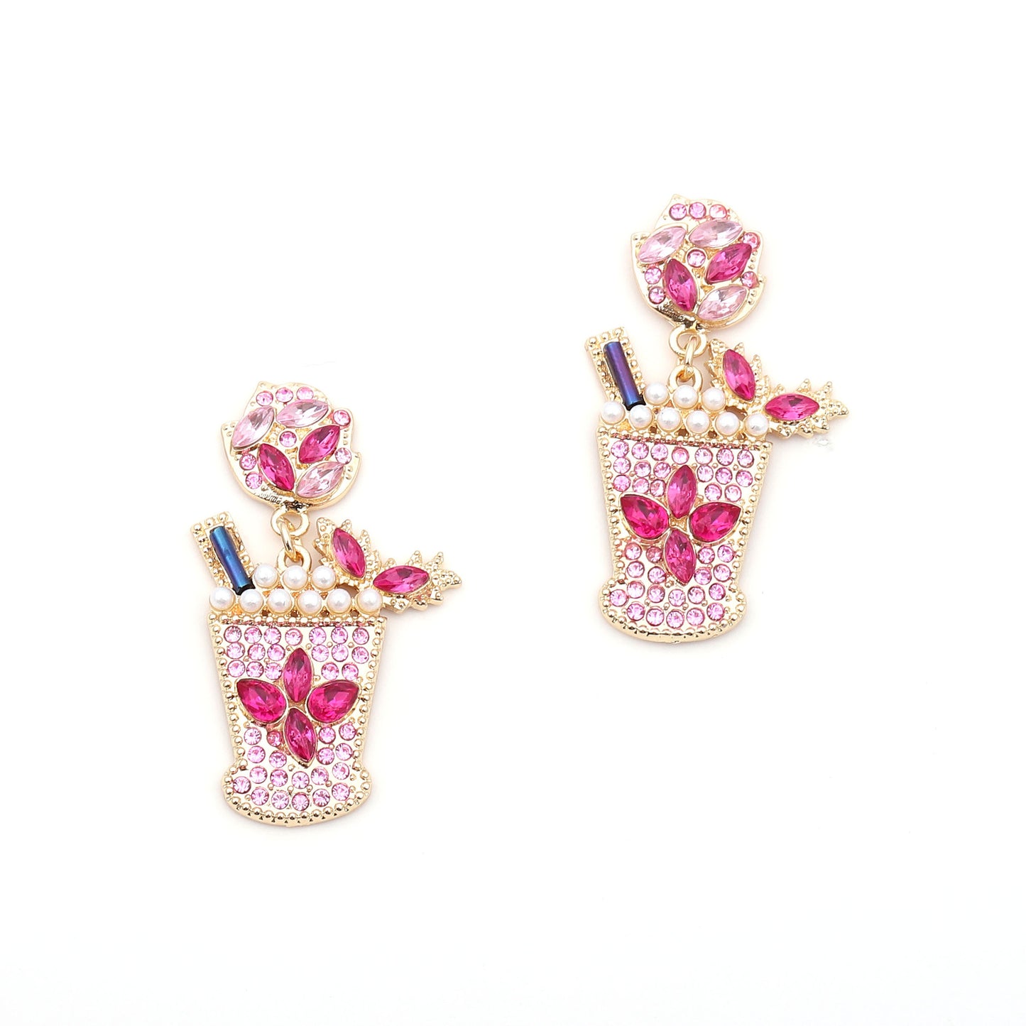 Chic Geometric Design Cold Drink Cocktail Cup Earrings – Alloy with Dazzling Diamonds and Elegant Pearls
