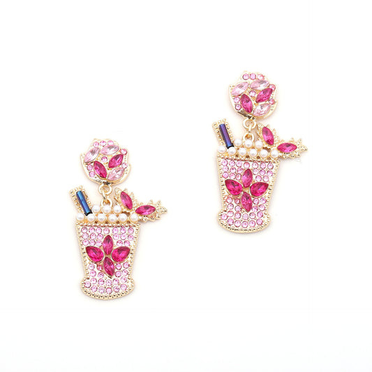 Chic Geometric Design Cold Drink Cocktail Cup Earrings – Alloy with Dazzling Diamonds and Elegant Pearls