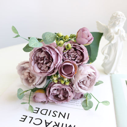 Elegant Korean 9-Head Simulation Peony and Rose Floral Arrangement - Perfect for Home Decor, Weddings, and Special Occasions