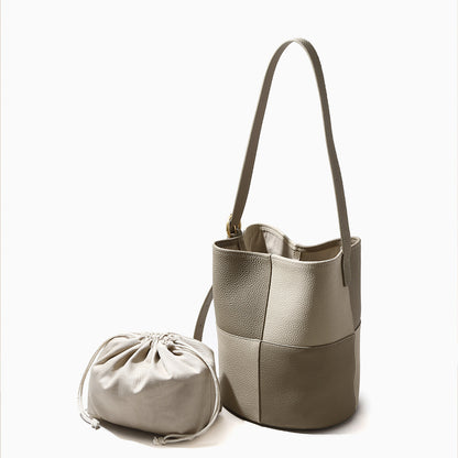 Chic Two Tone Bucket Bag in First Layer Leather Versatile Shoulder and Crossbody Handbag for Modern Style