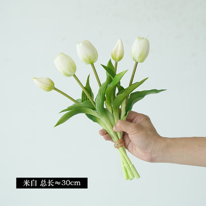 Realistic 5-Head Tulip Bouquet - Soft Touch Artificial Flowers Perfect for Scandinavian Home Decor, Elegant Faux Flower Arrangement