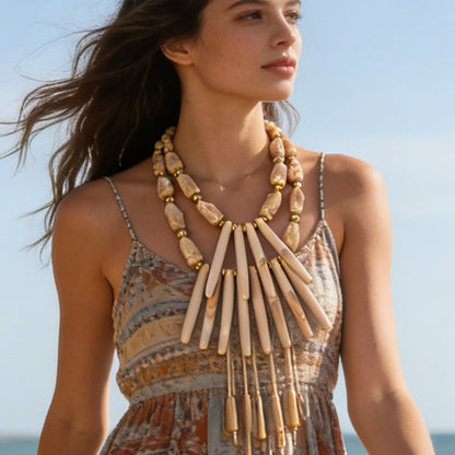 Unique Designer Coral and Geometric Resin Necklace - Statement Double-Layered Vacation Style for Standout Fashion Lovers