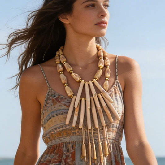 Unique Designer Coral and Geometric Resin Necklace - Statement Double-Layered Vacation Style for Standout Fashion Lovers