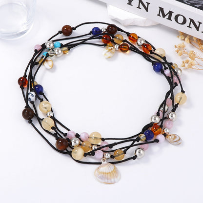 Handcrafted Personalized Knot Beaded Multi-Layer Necklace with Luxurious Beach Shell Pendant for Women – A Chic Accessory for Every Occasion