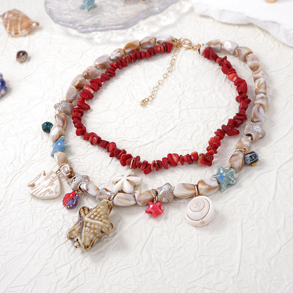 Stylish Layered Double-Strand Seashell and Starfish Design Necklace with Turquoise Ceramic Accents - Perfect for Ocean Getaways and Casual Wear