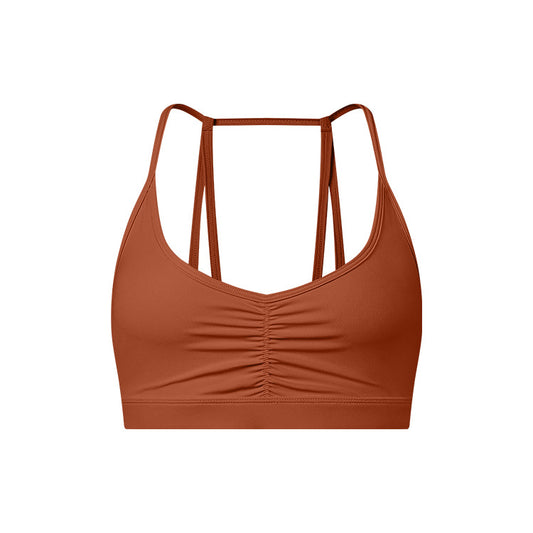 Neck Loop Sports Bra with Adjustable Thin Straps Unique Design Featuring Front Ruching for Flattering Shape and Comfortable Fit